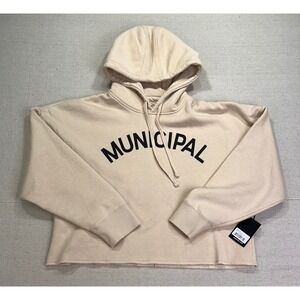 Municipal Womens Origin Hoodie Stone Beige Cropped Fleece Sweatshirt Large NEW